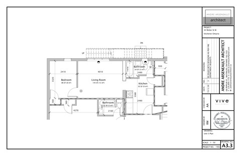A floor plan for an architect's office shows a living room, dining room, kitchen, and bathroom.
